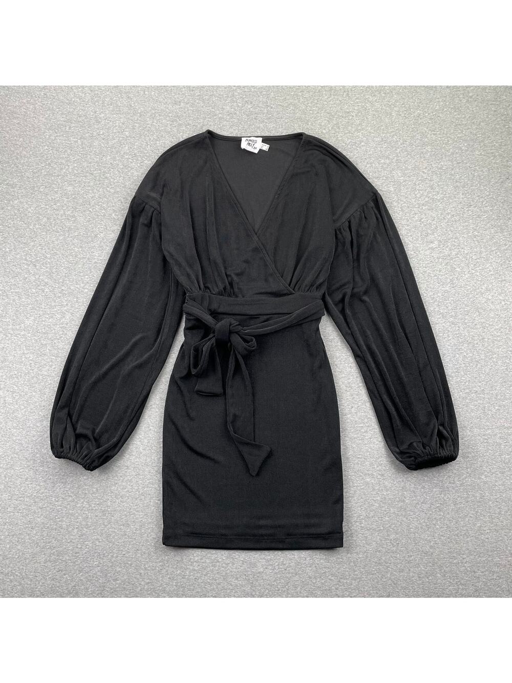 PRINCESS POLLY Dress Size 4 Black Jasmine Mini Balloon Sleeve Heavy Knit Belted